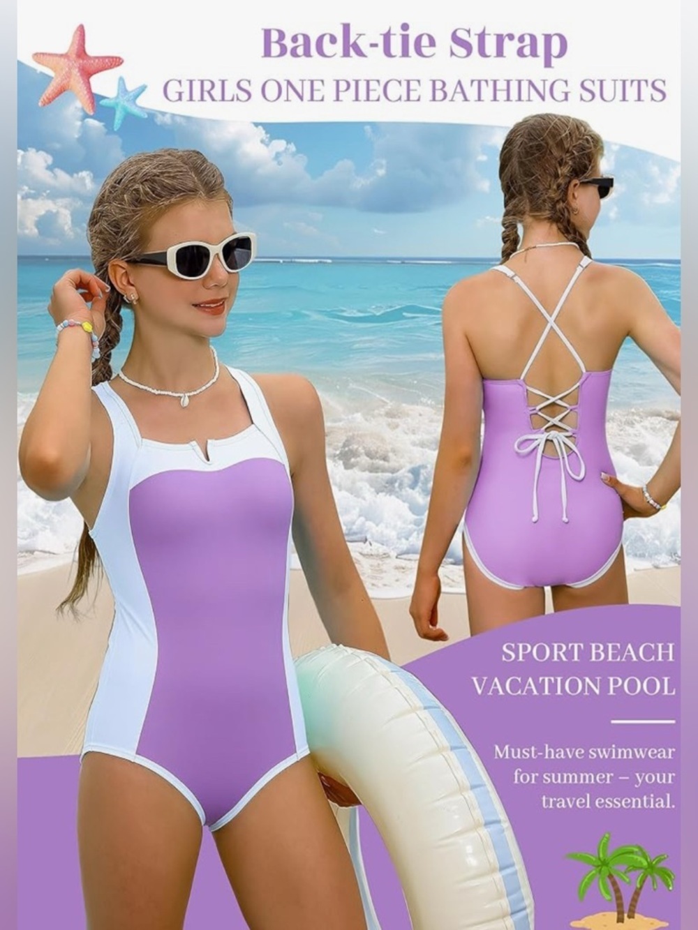 NEW-13-14 Girl purple & white 
Adjustable Strap Color
Padded Pool Beach Swimwear